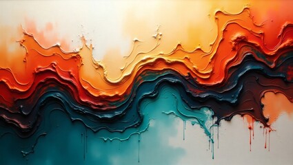 Poster - Abstract art painting with teal, orange and red waves. The paint is thick and textured, creating a three-dimensional effect.