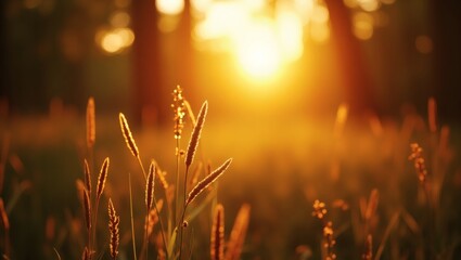 Poster - The warm golden light of the setting sun bathes a field of grass, creating a stunning natural landscape