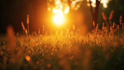 Poster - a golden sunrise casting a warm glow over a grassy field, creating a scene of serene beauty