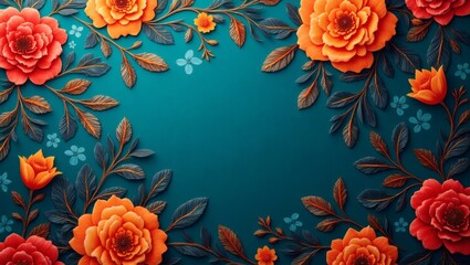 Poster - a beautiful floral arrangement on a teal background, featuring orange and red roses and various elements