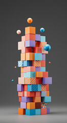 Aufkleber - Abstract Colorful 3D Cubes and Spheres Geometric Stack Creative Design Blocks