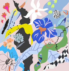 Wall Mural - Creative universal floral background. Modern graphic design. Hand Drawn textures. Ideal for web, card, poster, cover, invitation, brochure. Vector