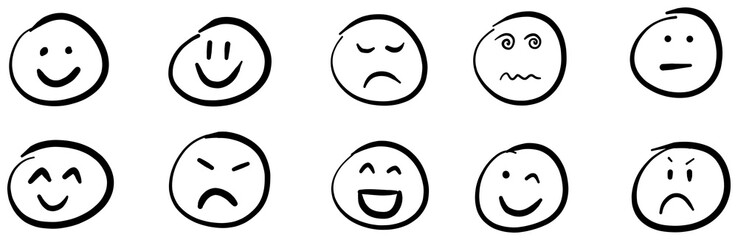 illustration: set of different smiley face showing various emotions isolated on white or transparent