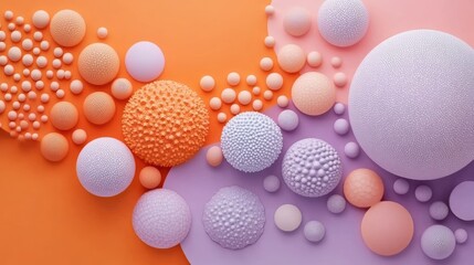 Poster - Abstract pastel spheres and textured balls arranged on orange and purple backdrop