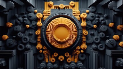 Poster - Abstract geometric artwork featuring a central circular element in gold surrounded by dark gray, intricately designed, 3D shapes