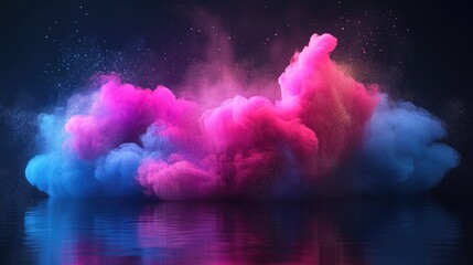 Poster - Vibrant pink and blue smoke clouds reflecting on a dark, glossy surface, illuminated with sparkles