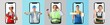 © Pixel-Shot - Set of workers popping out of phone screens on color background