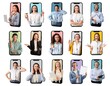 © Pixel-Shot - Set of many technical support agents popping out of smartphone screens on white background