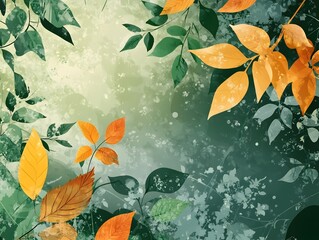 Fototapete - Autumnal Foliage: An artistic depiction of autumnal foliage showcasing a variety of vibrant leaves against an elegant green and yellow backdrop, evoking a sense of seasonal beauty.