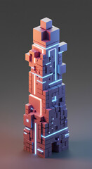 Poster - Abstract 3D Render Futuristic Neon Lit Cube Tower Structure