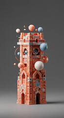 Aufkleber - Abstract Coral Architectural Structure with Floating Orbs and Planets 3D Render