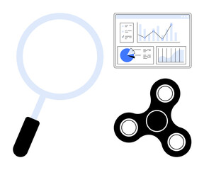 Poster - magnifying glass, analytics dashboard with charts, and spinner toy symbolizing focus, productivity, 