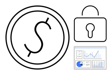 Poster - dollar coin, secure padlock, and a dashboard with charts emphasize financial protection, data securi