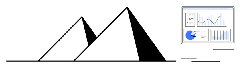 Poster - abstract pyramids paired with a digital analytics dashboard showing pie charts, line graphs, and bar