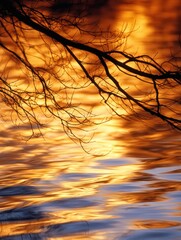 Wall Mural - serene sunset reflection on water with silhouetted branches creating a tranquil atmosphere