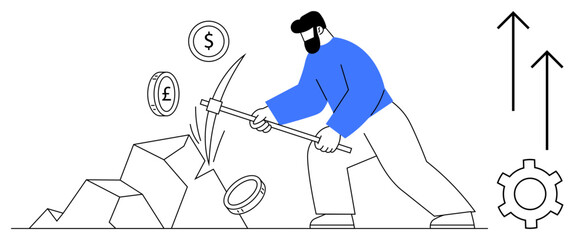 Poster - man uses pickaxe to mine digital coins from rocks. ideal for cryptocurrency, blockchain, decentraliz