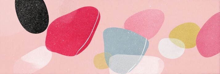 Fototapete - Colorful Abstract Art Shapes Layered on a Soft Pink Background With a Clear Upper Third