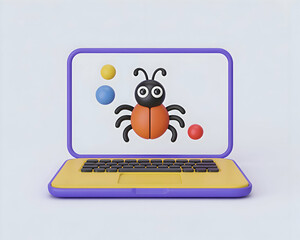 Poster - Cute Cartoon Bug on Laptop Screen 3D Render Illustration