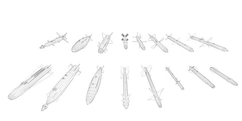 Poster - A series of missiles are shown in a grid. The image is black and white and the missiles are all different sizes. Front view. 3D