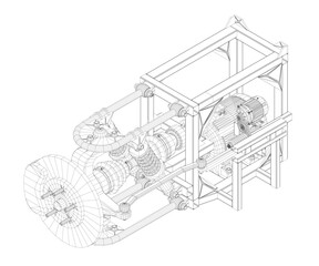 Poster - A drawing of a machine modular suspension with electric motor. The machine is a large, complicated piece of machinery with many parts. Isometric view. 3D