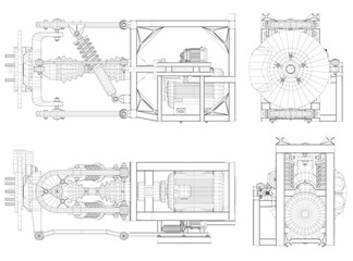 Poster - A drawing of a machine with a lot of detail. The drawing is in black and white