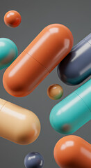 Poster - Colorful Capsules and Spheres Floating in Mid Air Abstract Medical or Pharmaceutical Concept