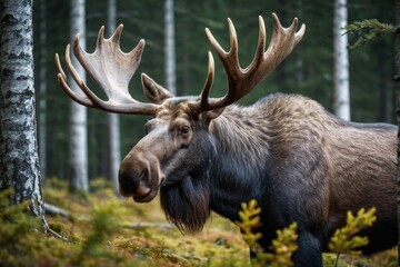 Wall Mural - A majestic moose stands tall, its large antlers reaching towards the sky amidst the forest surroundings