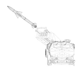 Poster - A rocket is being launched into the sky. The rocket is attached to a large vehicle. The vehicle is a military tank