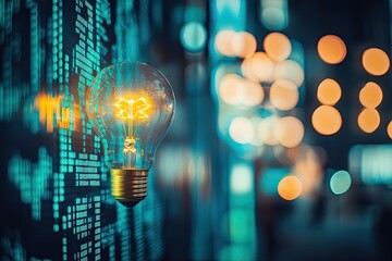 illuminated bulb against a backdrop of digital code