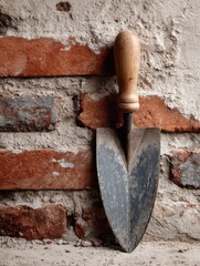 Poster - Brick Wall and Trowel Flatlay Showcasing Construction Tools and Materials in a Textured Setting