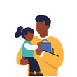 © Tricreative Project - Father carrying his daughter while she holds a shopping bag. Representation of education, support, and father daughter bonding