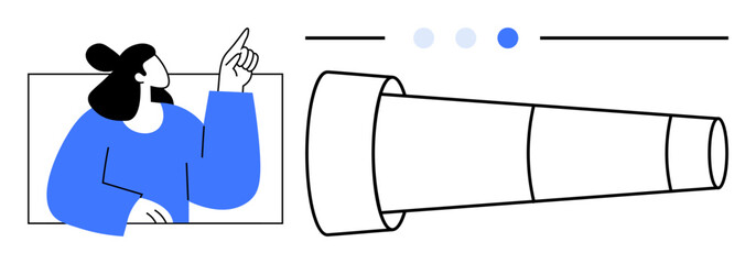 Poster - person pointing with curiosity next to a telescope navigation dots signify exploration, vision, and 
