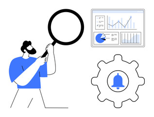 Poster - person holding magnifying glass, dashboard with charts and graphs, bell inside gear. ideal for data 