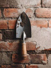 Fototapete - Brick Wall and Trowel Flatlay Showcasing Construction Tools in a Workspace Setting With Clean Margins and Detailed Textures
