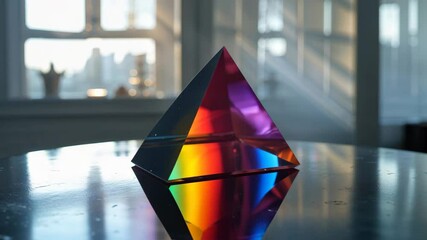 Triangular Prism Reflected on Table: Captivating Light Refraction and Rainbow Spectrum