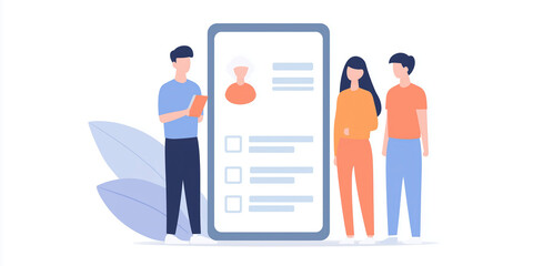 Poster - Group of people interacting with a large digital device showcasing user profiles and information sharing in a modern technology setting, digital communication concept