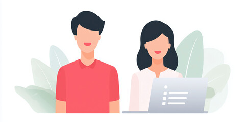 Poster - Professional team collaborating on a project with laptop in a modern workspace surrounded by greenery showcasing teamwork and productivity concept