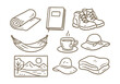 © SanyBRZ - Hand-drawn vector icons of weekend retreat: yoga mat, journal, hiking boots, herbal tea, hammock, sun hat, nature view, soft blanket.