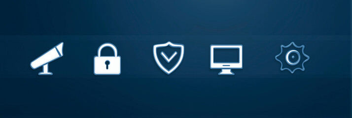 Poster - Security icons representing surveillance, protection, monitoring, and technology on a blue background, digital security concept