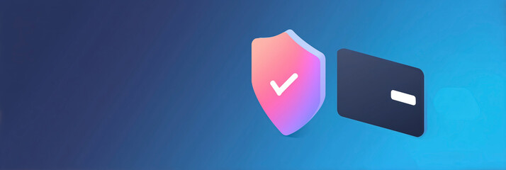Poster - Digital security shield with check mark and credit card on gradient blue background representing online protection and safety concept