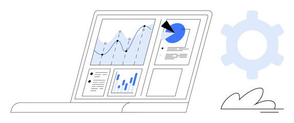 Poster - laptop displaying data charts, graphs, pie chart, and reports. cogwheel and cloud symbolizing settin