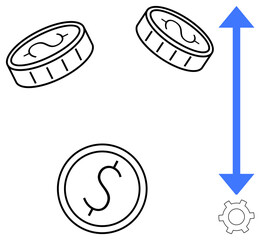 Poster - coins with dollar signs signify financial value, a blue vertical arrow suggests movement or flow, an