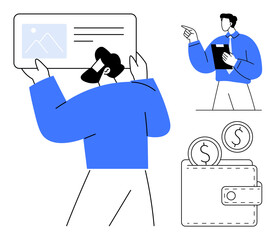 Poster - people engaging in presentation, pointing, wallet with coins. ideal for finance, collaboration, plan