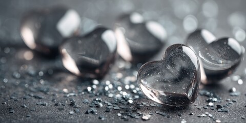 Poster - Heart-shaped glass gems scattered on a shimmering surface create an elegant and romantic ambiance perfect for various occasions