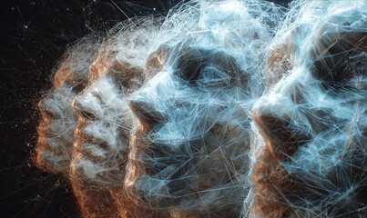 Poster - Faces depicted in a geometric abstract representation with glowing lines