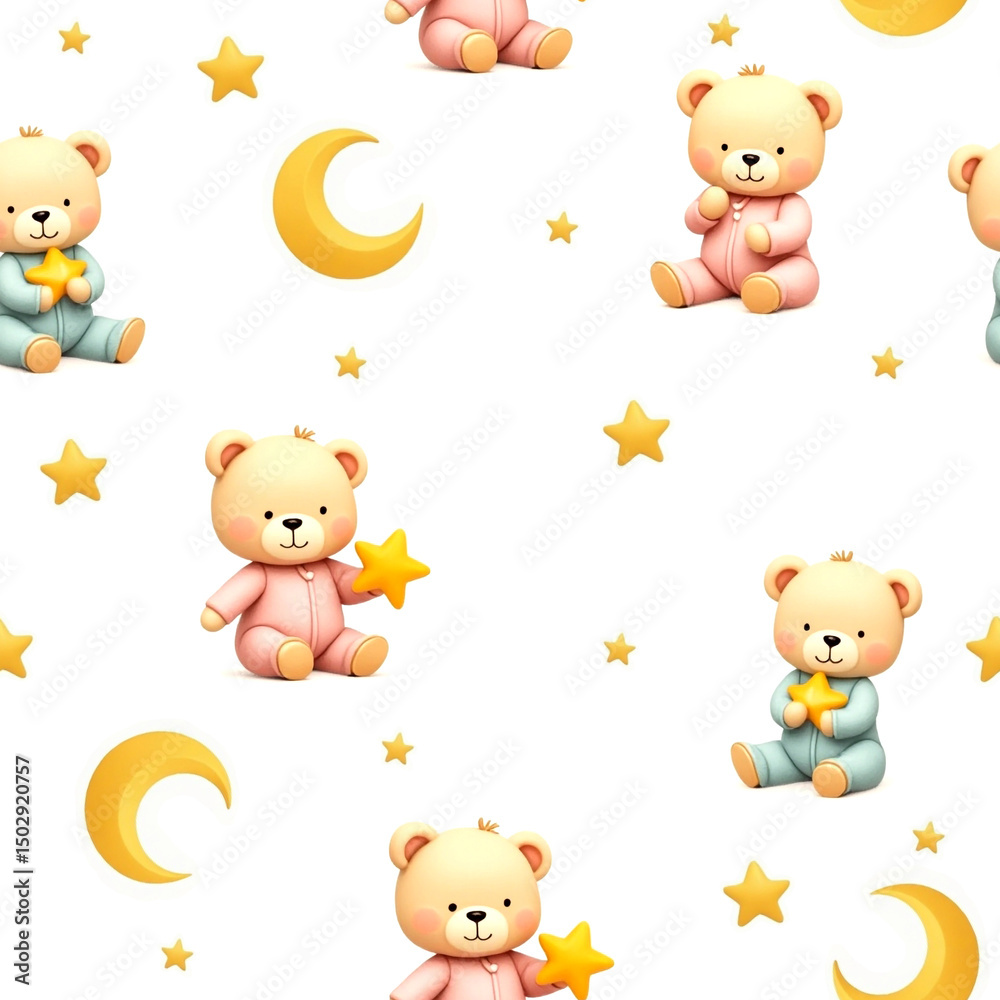 Seamless baby bear pattern with stars and moon on white background ...