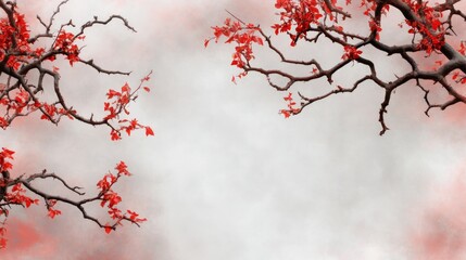 floral branch with red leaves on dreamy background decorative nature design
