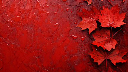 Poster - Victoria Day in Canada, red maple leaves, raindrops, abstract autumn red background, horizontal banner, copy space, free space for text