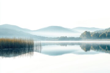 Poster - Tranquil lakeside landscape showcasing trees reflecting on still water during a serene autumn day