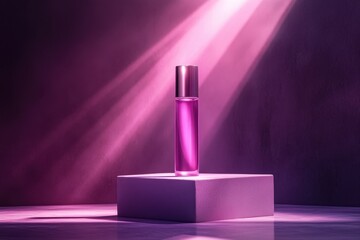 Poster - Elegant perfume bottle displayed on a pedestal illuminated by soft purple light in an artistic setting emphasizing luxury and allure